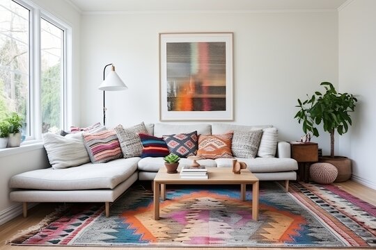 Modern Scandinavian Living Room with Vibrant Oriental Rugs: Colorful Design Inspo