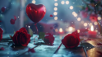 Picture a serene Valentine's Day scene, where a table is adorned with lush red roses and a single heart-shaped red balloon.

 - obrazy, fototapety, plakaty