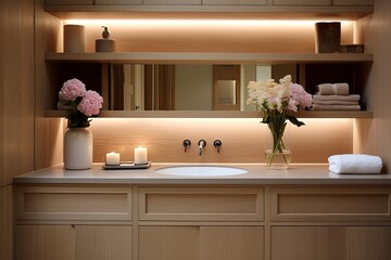 Rose Gold Fixtures: Country Home Wooden Cabinetry Bathroom Designs