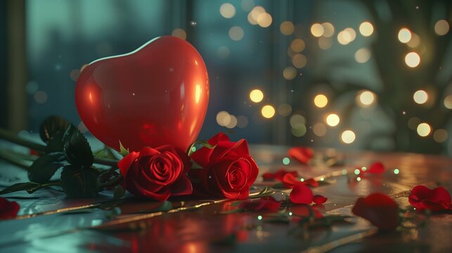 Picture a serene Valentine's Day scene, where a table is adorned with lush red roses and a single heart-shaped red balloon.

