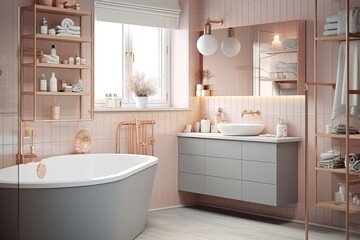 Fototapeta na wymiar Rose Gold Fixtures: Scandinavian Chic Bathroom Design with a Pastel Touch