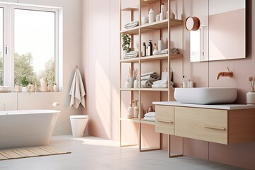 Fototapeta na wymiar Rose Gold Fixtures: Scandinavian Chic Bathroom Designs with Pastel Touch