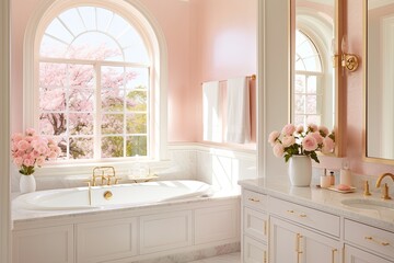 Rose Gold Fixtures: Sunny Bathroom Design with Window Frame Match