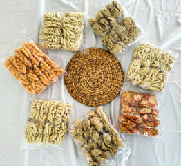 View of tasty delicious indonesian snack food for sale on the tradittional market. Selective focus.
