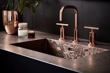 Rose Gold Bathroom Design: Twig Decor and Matching Metal Finishes