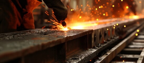 Skilled worker welding metal in a busy industrial manufacturing facility - obrazy, fototapety, plakaty