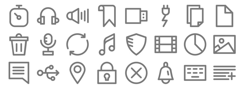user interface line icons. linear set. quality vector line set such as add, bell, lock, notification, pie chart, refresh, file, usb flash drive, headphones