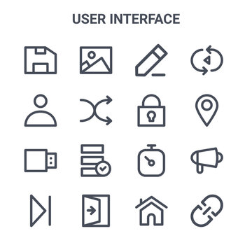 set of 16 user interface concept vector line icons. 64x64 thin stroke icons such as picture, user, pin, stopwatch, exit door, link, home, lock, autoplay
