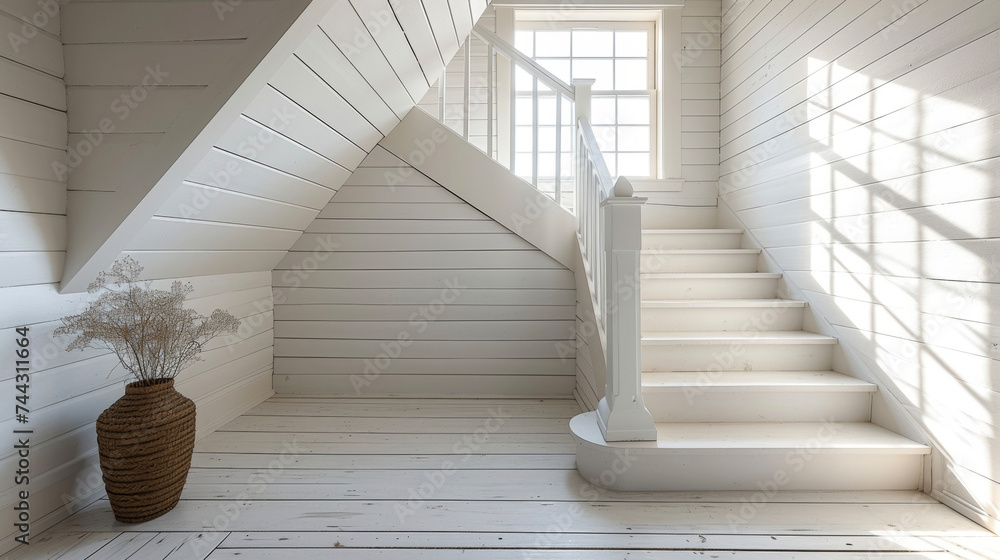 Poster the charming simplicity of a white picket banister and handrail adding a touch of character to a qua