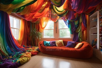 Vibrant Textile Curtain Splash: Sunken Living Room Concepts Showcase Lively Ambiance