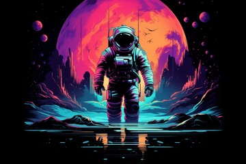 Astronaut retro wave neon. Cosmic space. Generate Ai