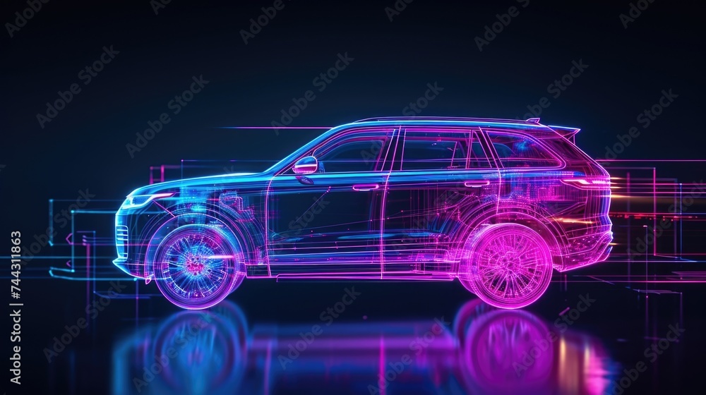 Poster a hologram of a hybrid suv highlighting its combination of sleek design and environmentallyfriendly 