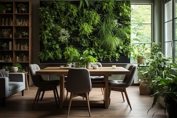 Cozy Urban Jungle Living Room with Green Plant Wall in Dining Room Interiors