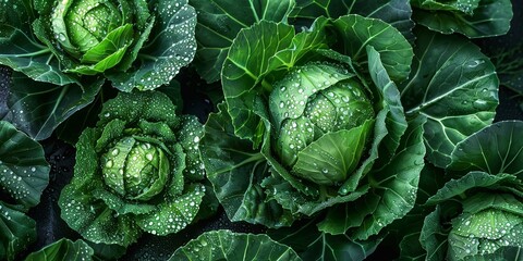 Vibrant green cabbages with morning dew showcasing fresh farm produce - obrazy, fototapety, plakaty