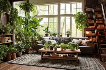 Farmhouse Charm: Urban Jungle Living Room Interiors with Plant-Filled Spaces