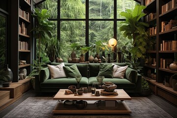 Green Jungle Oasis: Modern Living Room Interiors Poster Wall