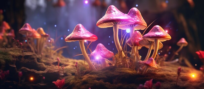 Vector illustration of glowing neon mushrooms at night in the forest. Fairy mushrooms in fairyland