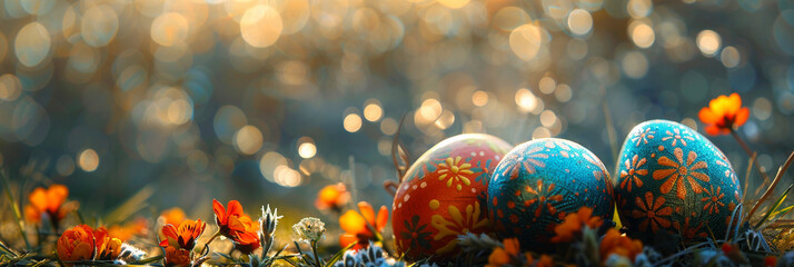 Multicolored Easter eggs with flower, Colorful Easter banner with beautiful eggs in grass and sun rays on blurred background, - obrazy, fototapety, plakaty