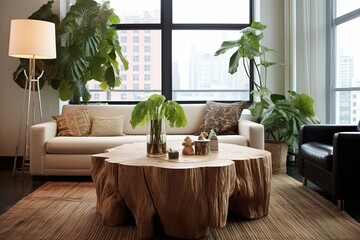 Chic Urban Jungle Living Room: Wood Stump Table & Indoor Plant Interiors
