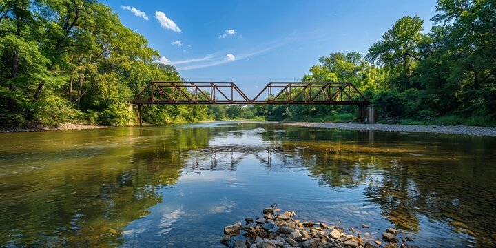 Serene river landscape with a steel truss bridge amid lush greenery and soft skies.