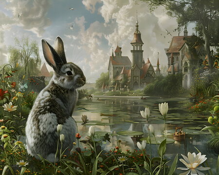 Altes Gem&auml;lde mit Schloss und Hase / Ostergem&auml;lde / Klassische Malerei / Hase auf einer Wiese Wallpaper / 5:4 Format / Ai-Ki generiert
