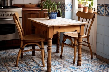 Fototapeta na wymiar Vintage Tiled Kitchen Inspiration: Retro Rattan Chair & Classic Wooden Table Design