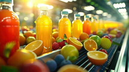Juice bottles with fruit on a conveyor belt