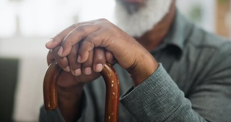 Hands, walking stick and support for person with disability, home and cane for balance in recovery. Closeup, alzheimers and osteoporosis in retirement, medical care and help for rehabilitation