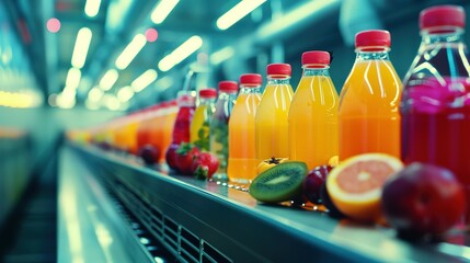 Juice bottles with fruit on a conveyor belt