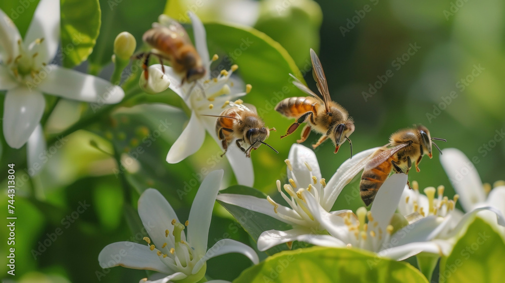 Poster the delicate fragrant blossoms of a lemon tree attract buzzing bees creating a lively scene in the p