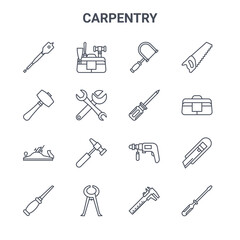 set of 16 carpentry concept vector line icons. 64x64 thin stroke icons such as kit, mallet, bag, drill, prune, screwdriver, scale, screwdriver, saw