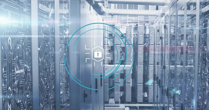 Animation of padlock icon and digital data processing over computer servers