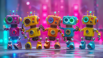 A group of cute and quirky robots engaged in a synchronized dance, adding a touch of whimsy and charm to your playful t-shirt design.