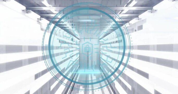Animation of padlock icons and digital data processing over computer servers