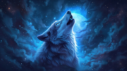 A majestic wolf howling at the moon, surrounded by cosmic elements, combining nature and space in a visually captivating t-shirt illustration.