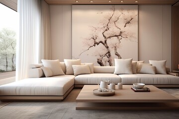 Fototapeta na wymiar Zen-Inspired White Sofa Minimalist Bedroom Blend: Serene Living Room Harmony