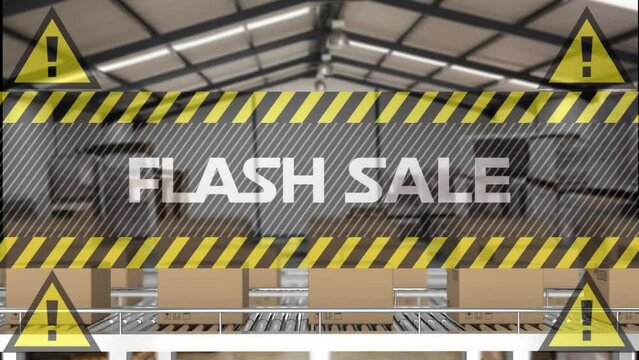 Animation of flash sale text over boxes on conveyor belts