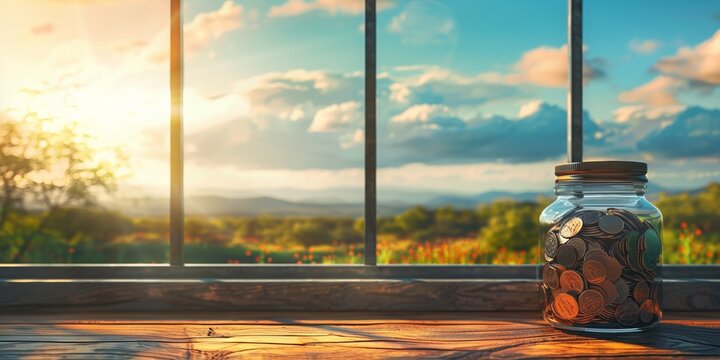 Savings jar overflowing with coins on a wooden sill against a sunset backdrop, symbolizing financial growth