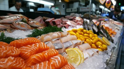 Stunning Fresh fish and seafood stall in The Central Market of Cadiz. It is the oldest covered market in Spain - obrazy, fototapety, plakaty
