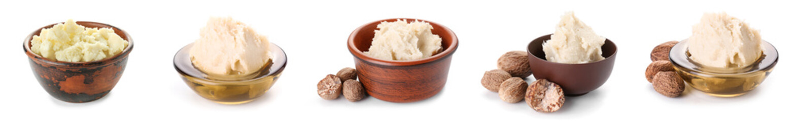 Collage of shea butter on white background