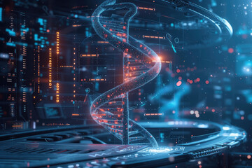 DNA formula research and full analysis with the obtained data in a futuristic laboratory with a HUD interface