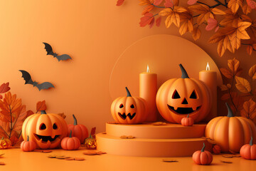 Halloween orange theme product display podium on paper graphic background with group of 3D