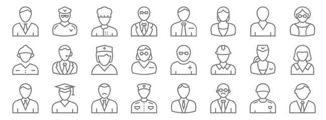 professions line icons. linear set. quality vector line set such as lawyer, teacher, bellboy, businessman, stewardess, nurse, teacher, manager, taxi driver