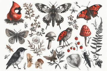 Hand drawn animals, insects and plants. Concept love for nature, taking care of an environment