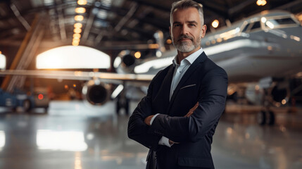 aviation executive with arms crossed standing in airplane hangar. leadership concept