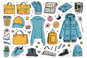 Clothes and Accessories Related Objects and Elements. Hand Drawn Vector Doodle