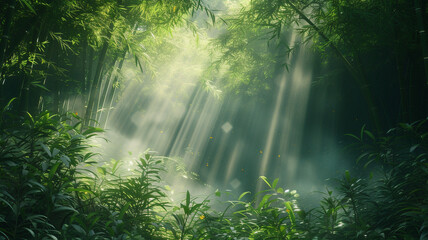 Fototapeta na wymiar A tranquil bamboo forest with sunlight filtering through the dense foliage, creating a peaceful and zen-inspired shirt design.