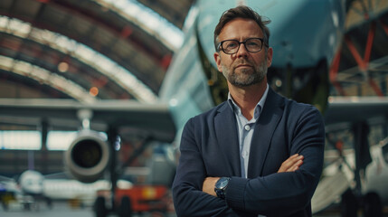 aviation executive with arms crossed standing in airplane hangar. leadership concept