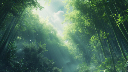 A tranquil bamboo forest with sunlight filtering through the dense foliage, creating a peaceful and...