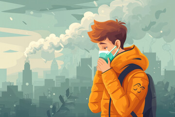 Man cough with dirty lung because air pollution PM2.5 air poll. smoke, smog, respiratory, environment, health, breath. Cartoon - obrazy, fototapety, plakaty